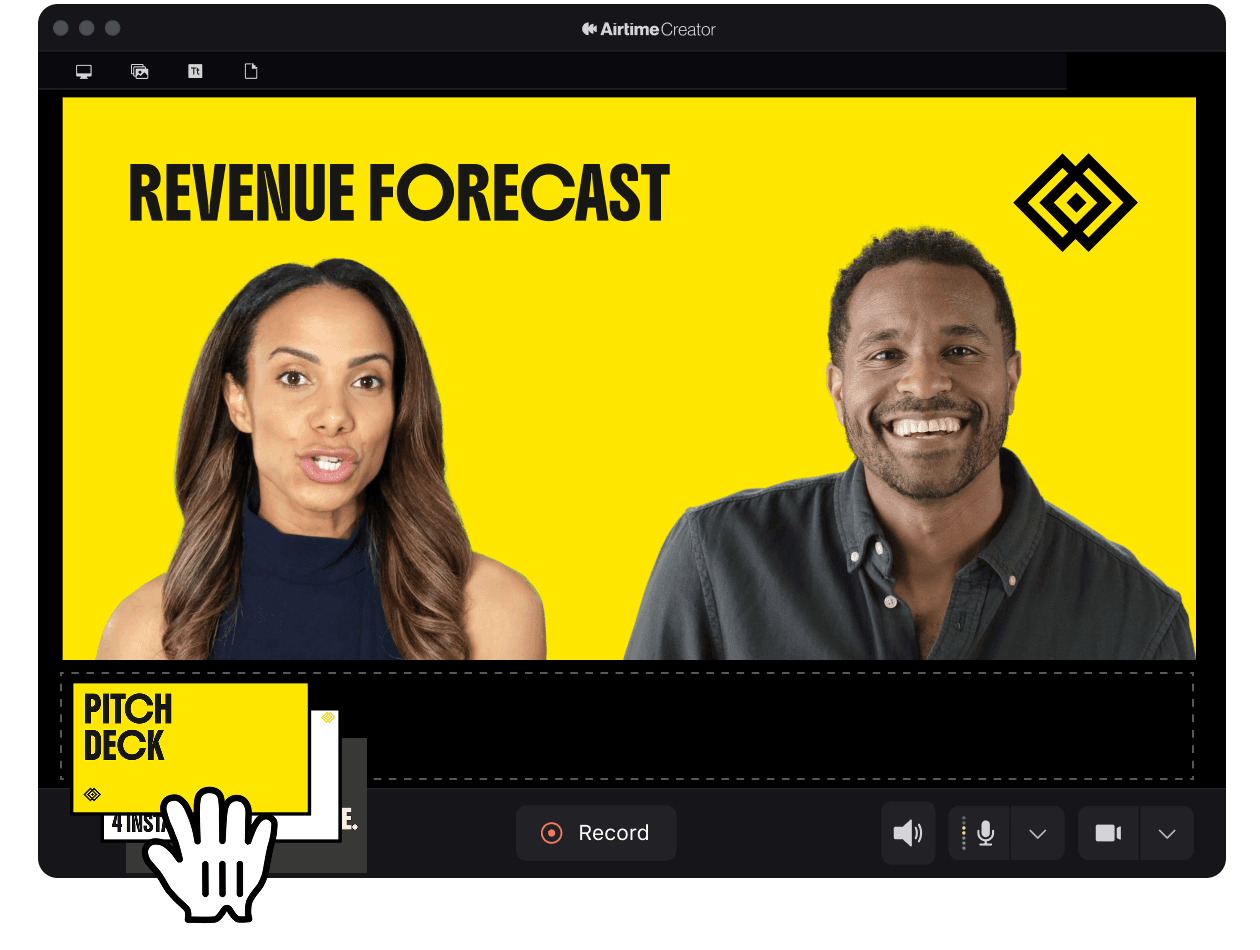 Recording interface displaying a yellow Revenue Forecast slide with two presenters, timeline controls, a Record button, and a cursor clicking a Pitch Deck thumbnail