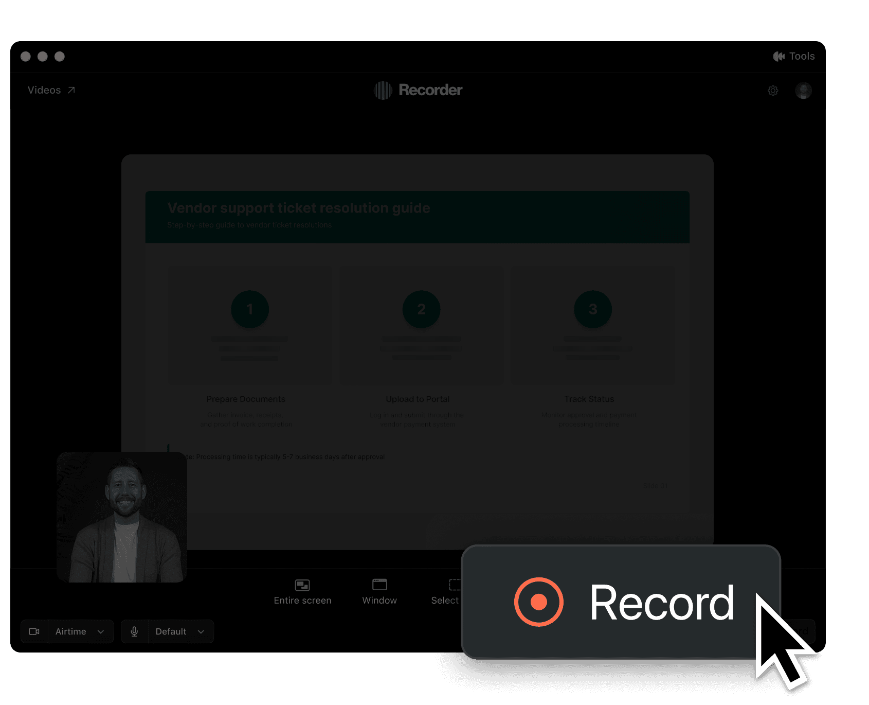 Recorder UI showing record button
