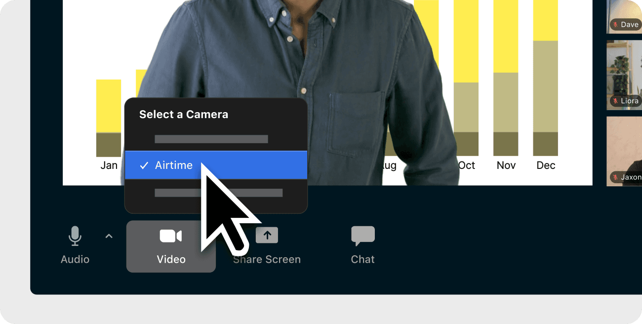 Selecting the Airtime virtual camera in a video conferencing app.