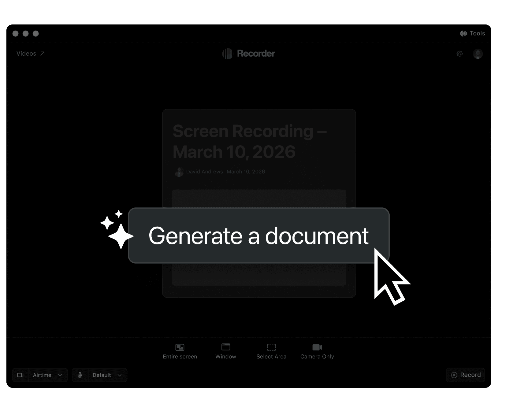 Recorder highlighting the generate a document feature
